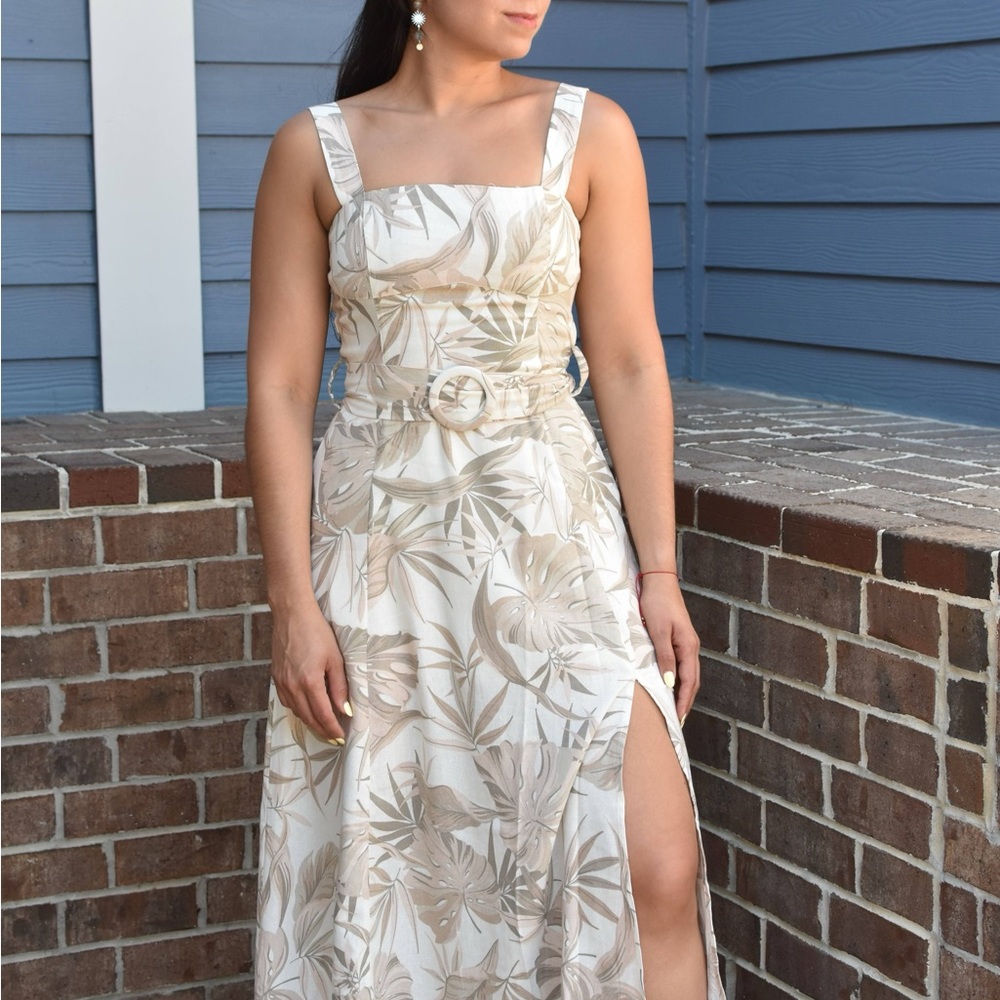 Linen Floral Midi Dress | Convertible Straps & Elegant Fit SIZE S